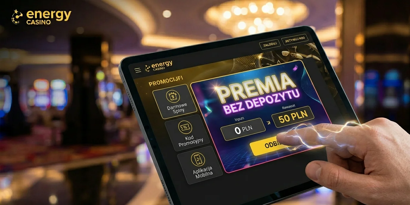 Promocja bonus bez depozytu 50 PLN w Energy Casino na ekranie tabletu