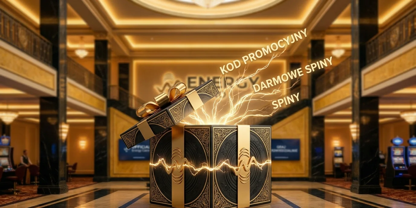 Pudełko prezentowe z darmowymi spinami symbolizujące kody promocyjne Energy Casino
