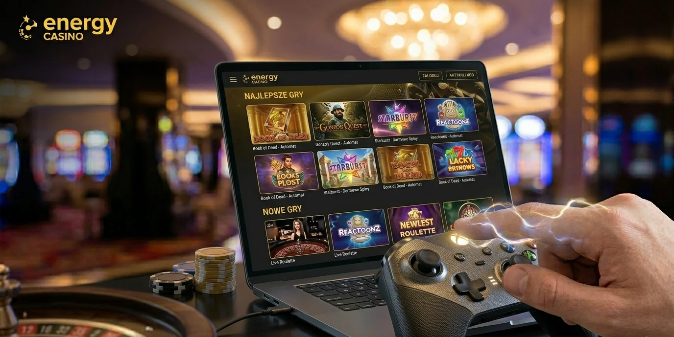 Biblioteka slotów Energy Casino na ekranie laptopa