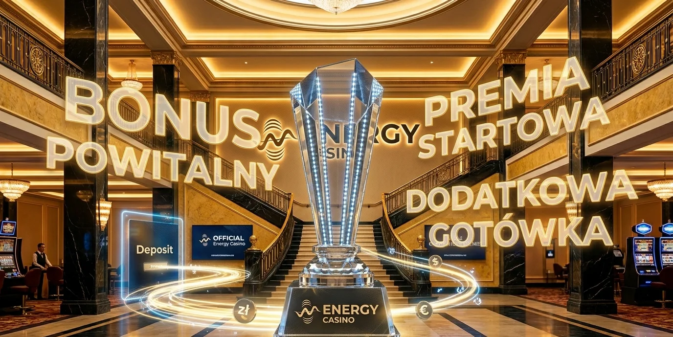 Banner bonusu powitalnego Energy Casino z trofeum i napisem premia startowa